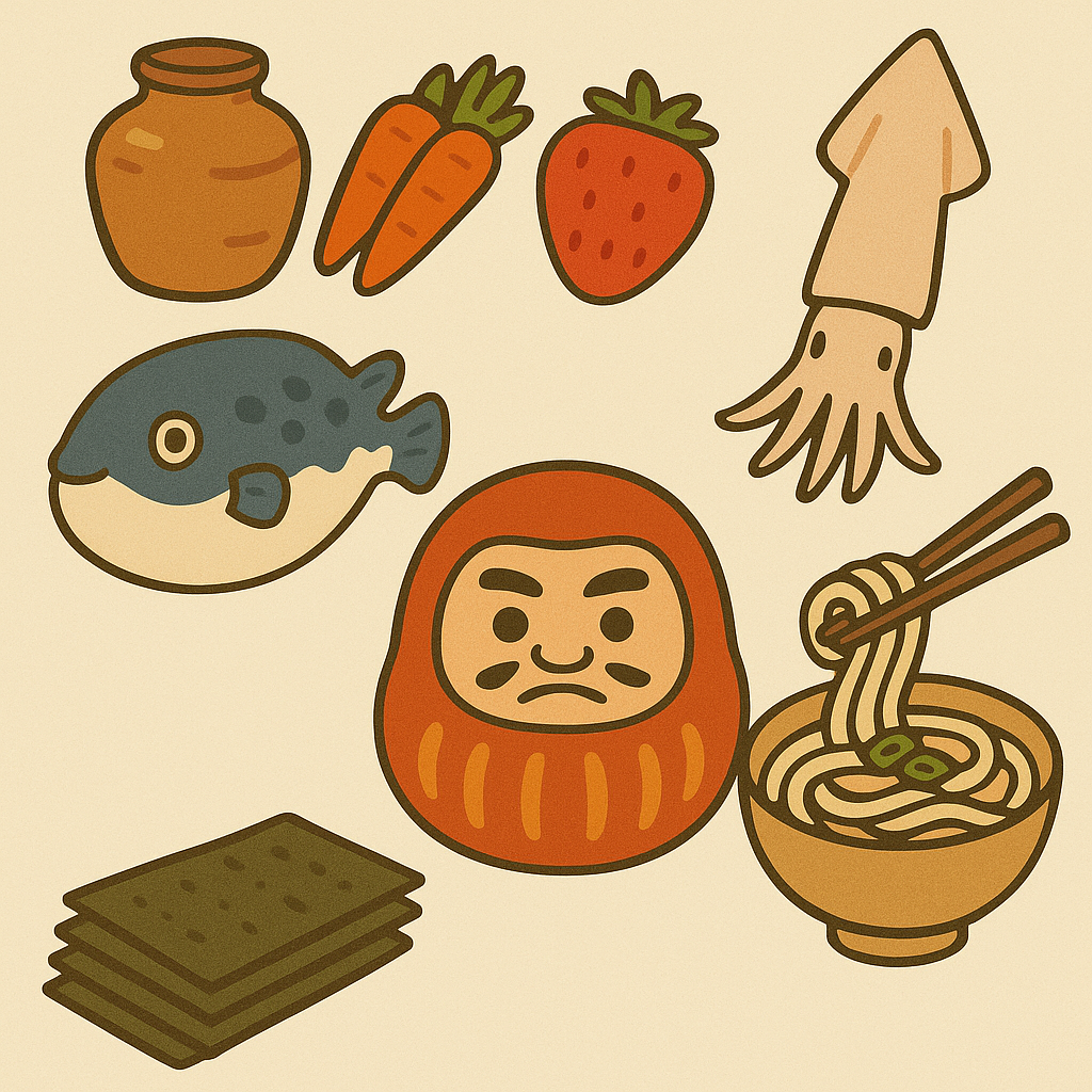 壺、人参、苺、烏賊、フグ、だるま、海苔、うどんの画像