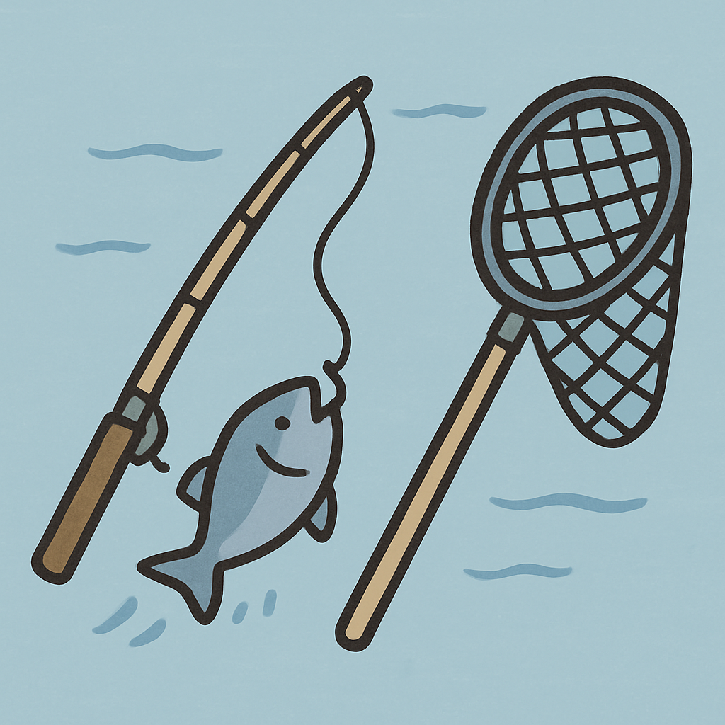 釣り竿と網の画像