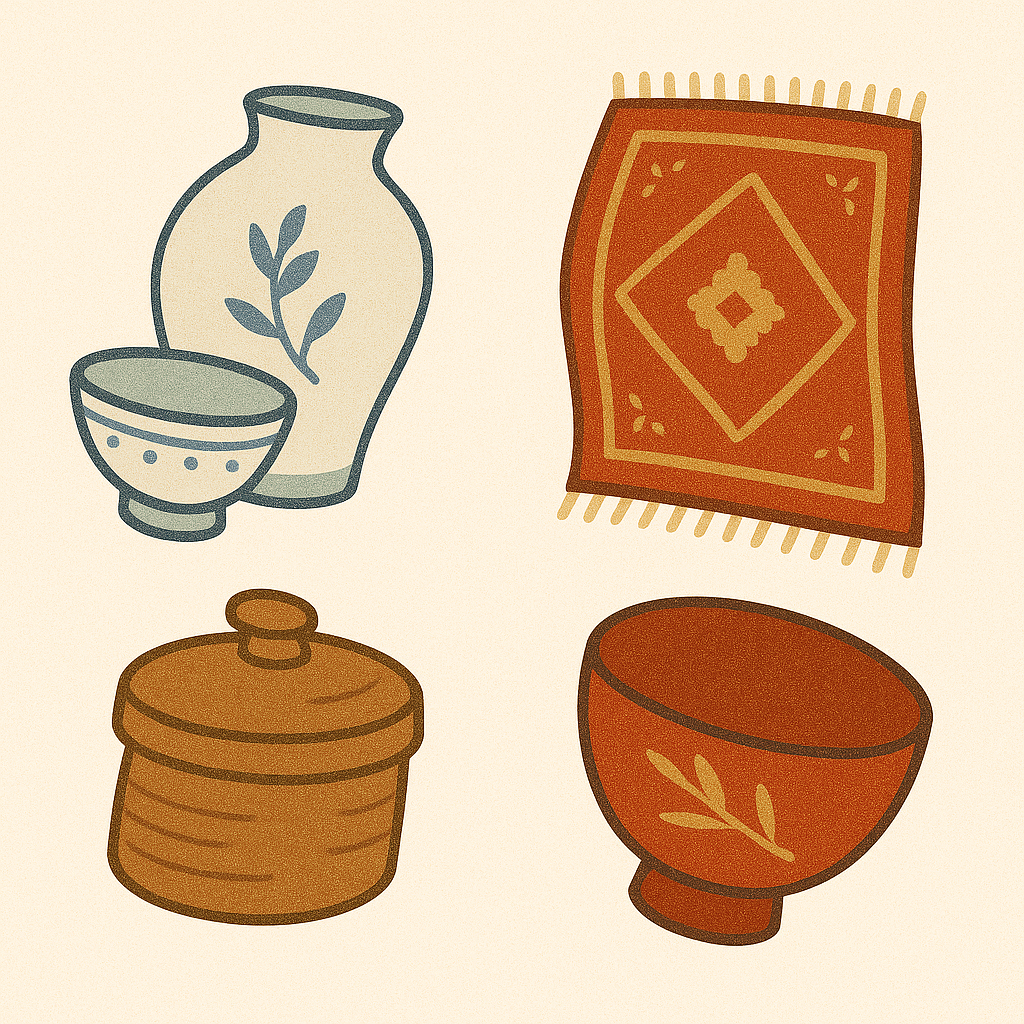 陶磁器、絨毯、漆器、木工品の画像