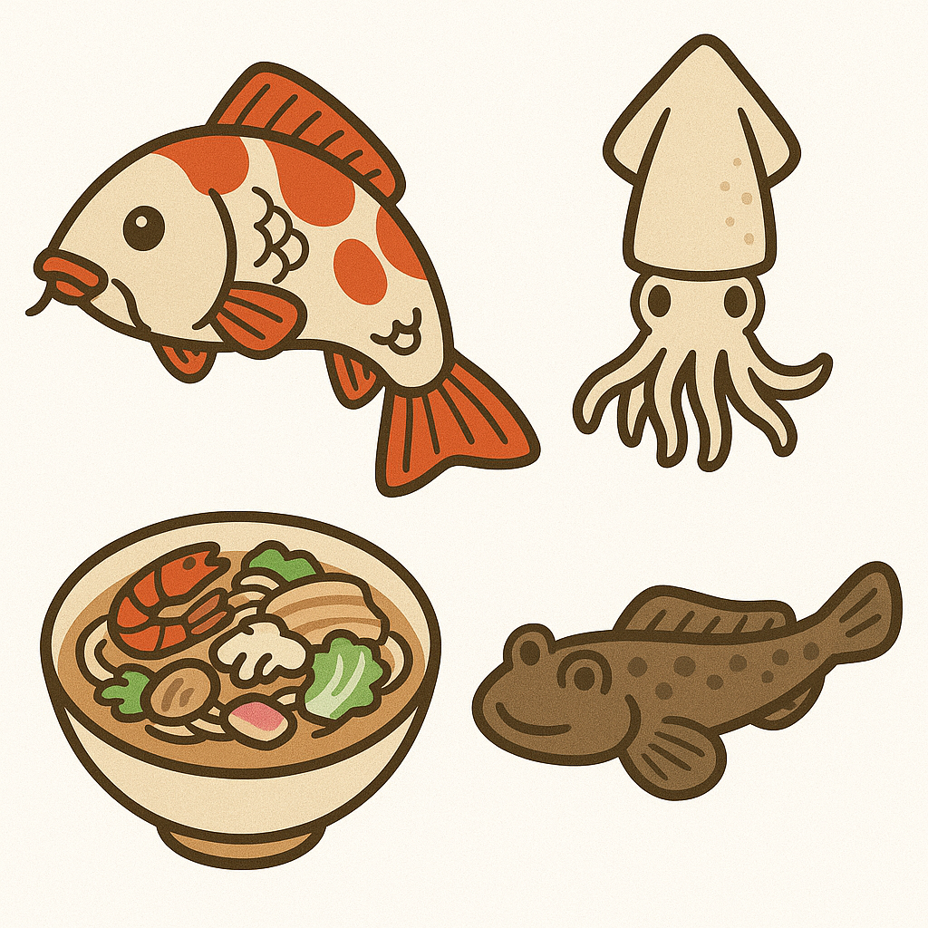 鯉、烏賊、ちゃんぽん、むつごうろの画像