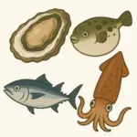 ふぐ、かき、かつお、いかの画像