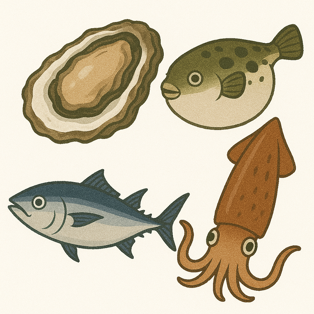 ふぐ、かき、かつお、いかの画像